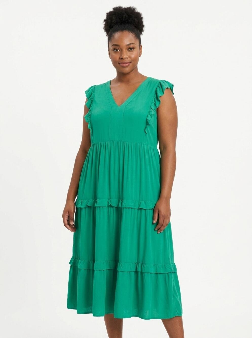 Entro Green Tiered Ruffle V-Neck Midi Dress Solid Women Plus Size 1X